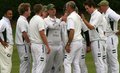 The Carnforth players celebrate the fall of a wicket