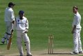 Luis Reece looks towards the umpire after appealing for caught behind for batsman Sajid Patel