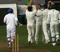 The Netherfield players congratulate Chris Miller after bowling the departing Jason Cornthwaite