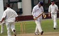 Graham Dawson leaves after being bowled by Brett Pelser