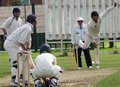A watchful Leyland batsman awaiting a ball  from Andrea Agathageloub